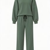 Olive-green matching tracksuit: oversized sweatshirt with quilted sleeve panels and drawstring wide-leg pants.