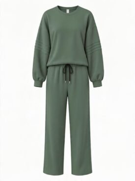 Olive-green matching tracksuit: oversized sweatshirt with quilted sleeve panels and drawstring wide-leg pants.