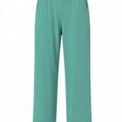 Teal green wide-leg trousers with a high waistband, front pockets, and small hem slits.
