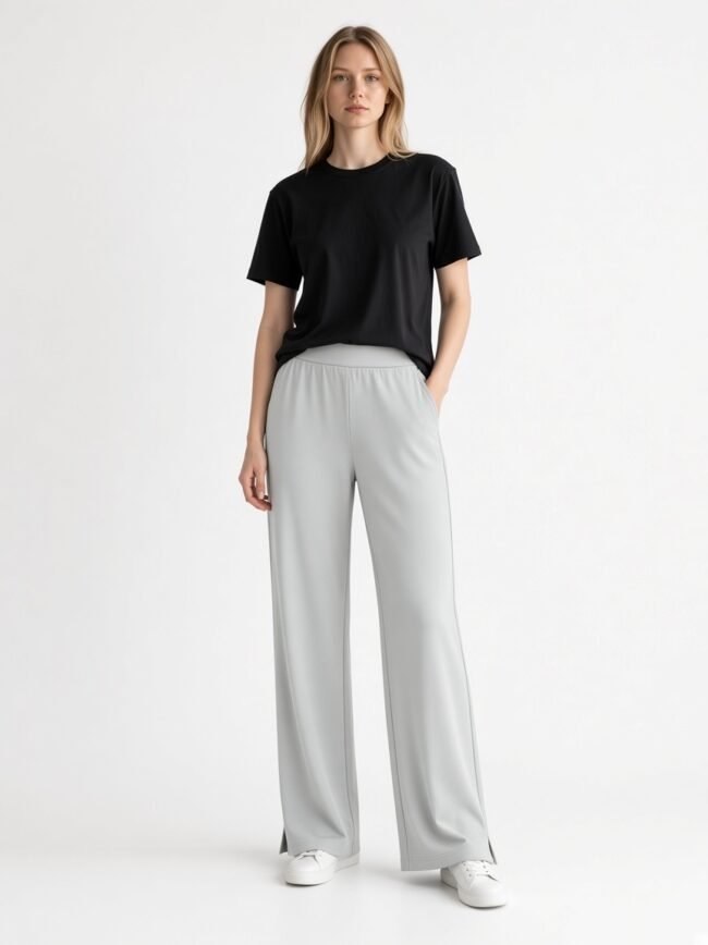 Woman wearing a black t-shirt and light gray wide-leg pants, standing with one hand in her pocket against a white background.