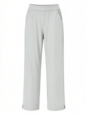 Light gray wide-leg trousers with high waist and side pockets, full-length with small leg slits at the hem.