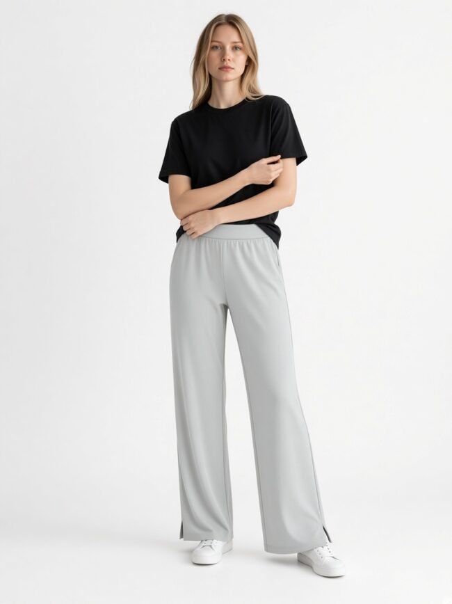 Model wearing a black T-shirt and light gray wide-leg pants with white sneakers, standing against a white background.