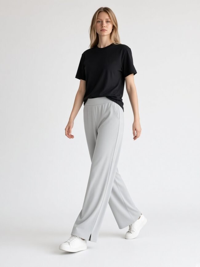 Woman wearing a black T-shirt, light gray wide-leg pants, and white sneakers, walking against a plain backdrop.