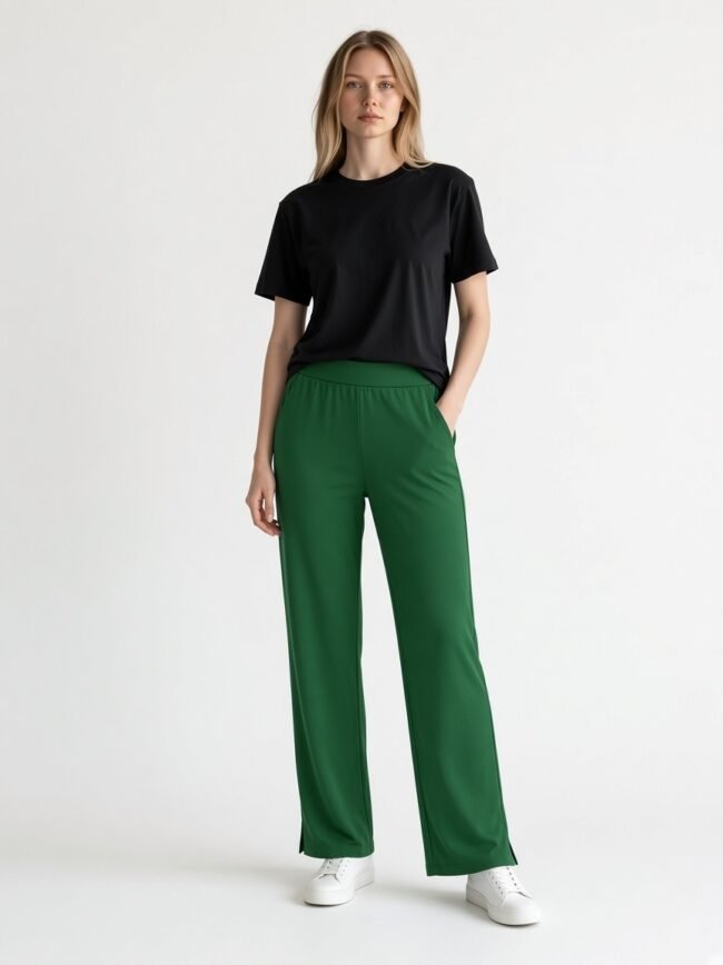 Full-body shot of a woman in a black T-shirt, emerald green wide-leg pants, and white sneakers against a light backdrop, relaxed pose with hands in pockets.