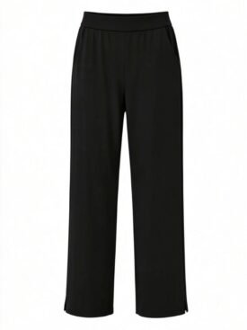 Black high-waisted wide-leg trousers with side pockets and a flat waistband, full-length on a white background.