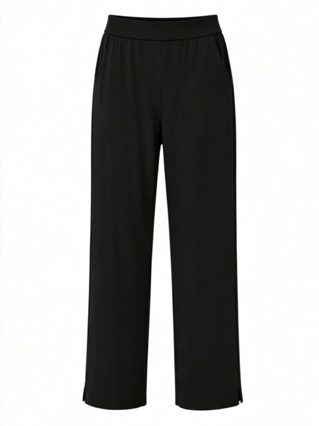 Black high-waisted wide-leg trousers with side pockets and a flat waistband, full-length on a white background.