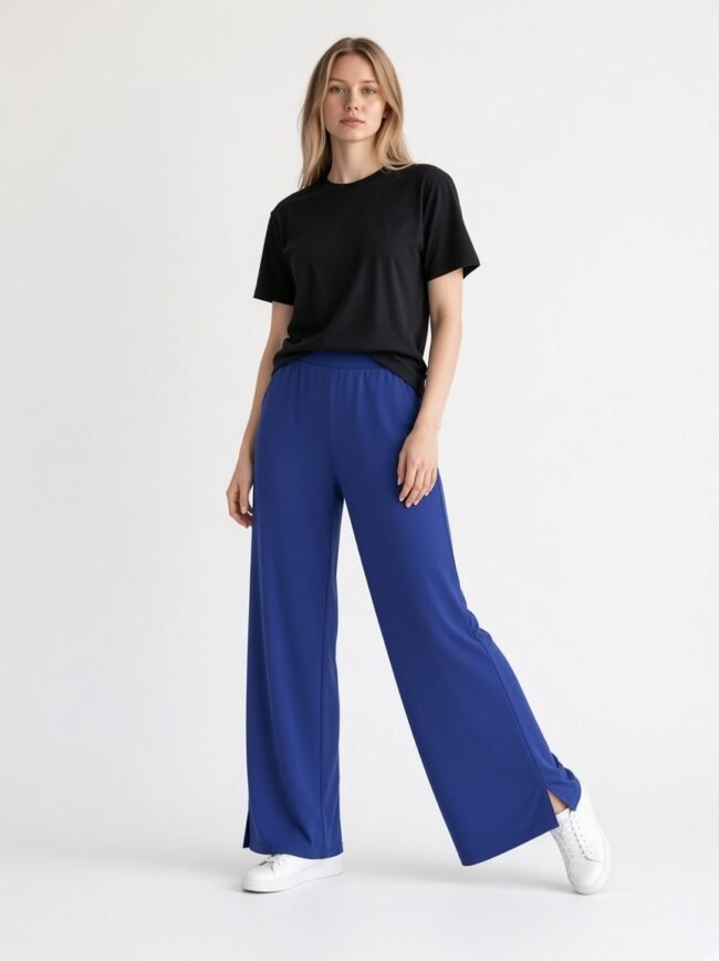 Ελληνικό Παντελόνι Μπλε 3 Model wearing a black T-shirt and royal blue wide-leg pants with white sneakers, standing in a studio on a white background.