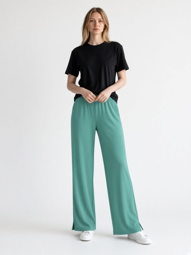 Woman standing in a black t-shirt and teal wide-leg pants, white sneakers, hands at her waistban
