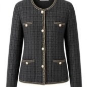 Black textured boucle blazer with gold trim, gold buttons, and four front pockets on a white background.