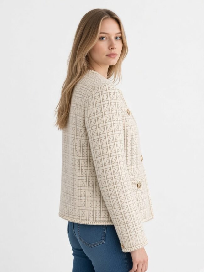 Ζακέτα άσπρο μπεζ 2 Woman in a cream plaid tweed jacket with gold buttons, viewed in profile against a light backdrop