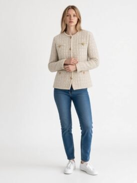 Woman modeling a beige textured button-front jacket with gold buttons, paired with blue jeans and white sneakers.