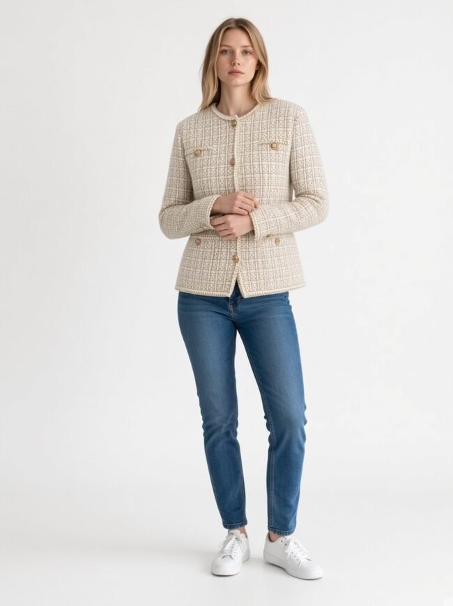 Ζακέτα άσπρο μπεζ 4 Woman modeling a beige textured button-front jacket with gold buttons, paired with blue jeans and white sneakers.