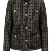 Black tweed jacket with gold chain-stitched trim and gold buttons, front pockets, structured fit.