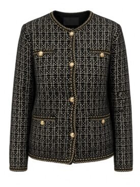 Black tweed jacket with gold chain-stitched trim and gold buttons, front pockets, structured fit.