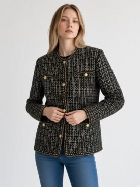 Woman wearing a black tweed blazer with gold trim and gold buttons, posing against a light background.