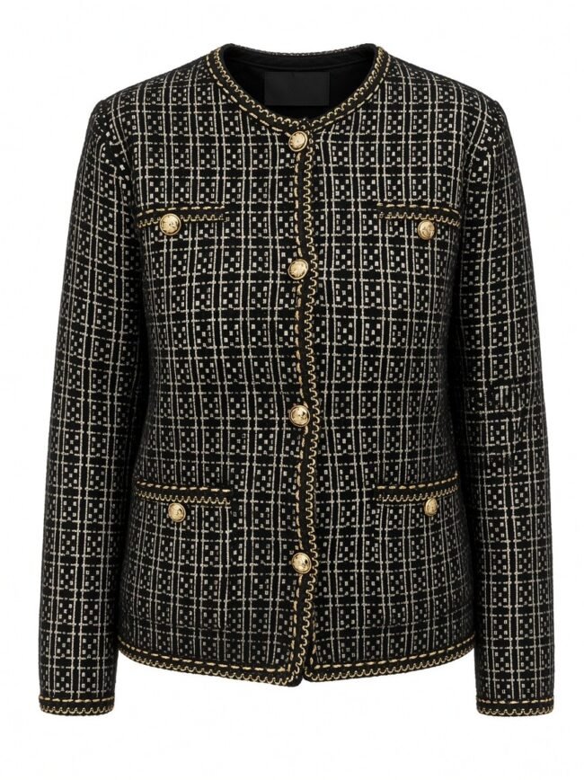 Ζακέτα μαύρο άσπρο Black tweed jacket with gold chain-stitched trim and gold buttons, front pockets, structured fit.