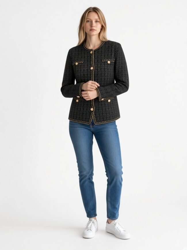 Ζακέτα μαύρο γκρί 4 Model wearing a black textured tweed jacket with gold trim and buttons, blue jeans, and white sneakers against a white studio background.