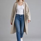 Woman walking toward the camera in a light beige coat over a white tank top with blue jeans and white sneakers against a gray background.
