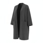 Open-front gray cardigan with wide lapels and two front pockets