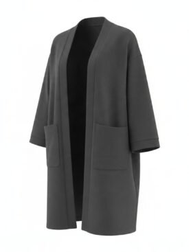 Open-front gray cardigan with wide lapels and two front pockets