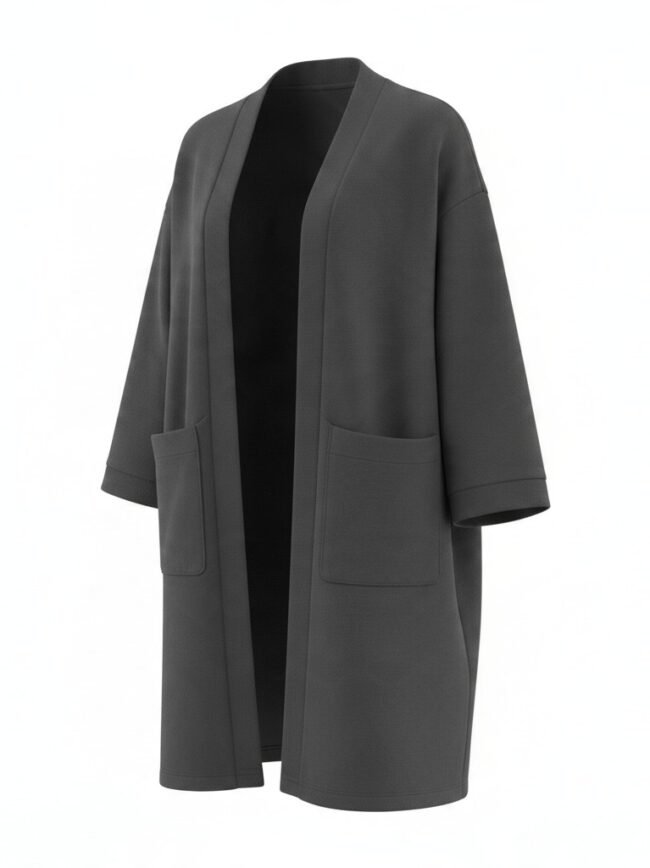 Open-front gray cardigan with wide lapels and two front pockets