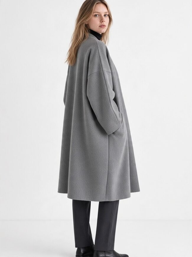 Woman in a loose gray coat standing in profile against a light background, looking at the camera.