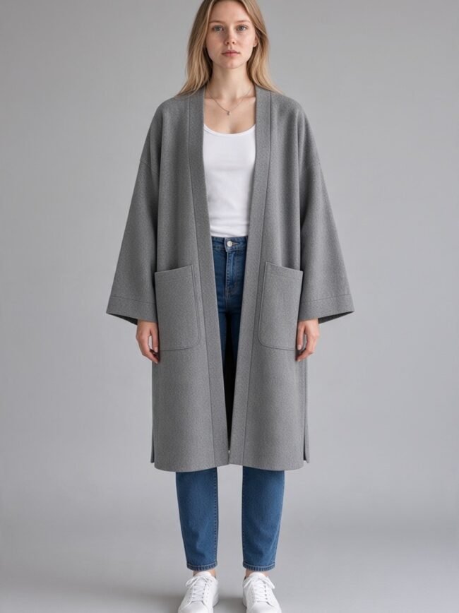 Woman standing in an oversized gray coat over a white top and blue jeans with white sneakers against a neutral backdrop