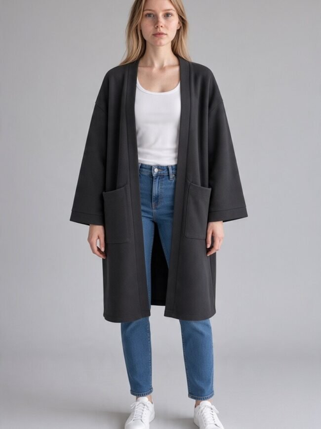 Woman in a long black coat over a white top and blue jeans, standing against a gray background.