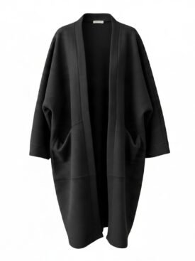 Black oversized open-front cardigan with draped silhouette and front pockets on a white background.