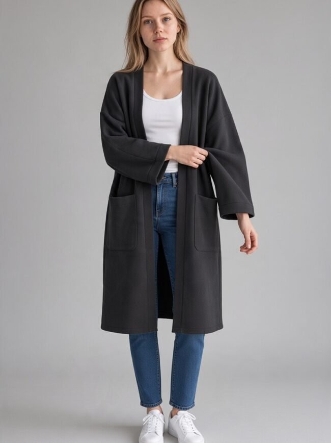 Woman standing in a dark long coat over a white top and blue jeans, wearing white sneakers.