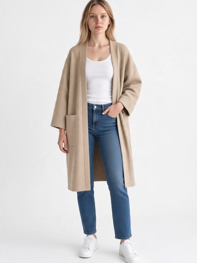 Woman wearing a beige long coat over a white tank top and blue jeans, posing against a light background.