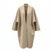 Beige oversized open-front coat with wide sleeves on a white background, knee-length.
