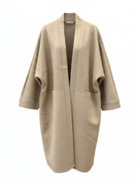 Beige oversized open-front coat with wide sleeves on a white background, knee-length.