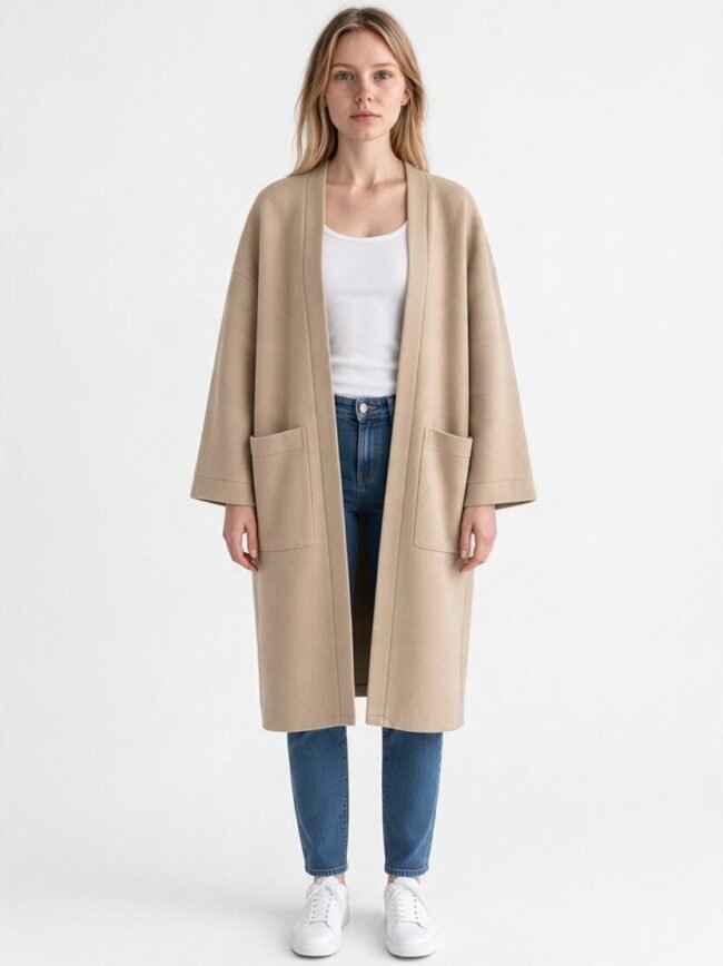 Model wearing a beige long cardigan-style coat over a white top, blue jeans, and white sneakers, standing against a plain light background