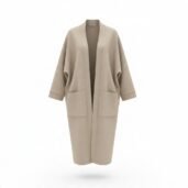 Beige oversized open-front coat with wide sleeves and large front pockets.