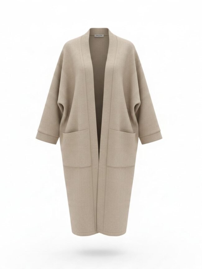 Beige oversized open-front coat with wide sleeves and large front pockets.