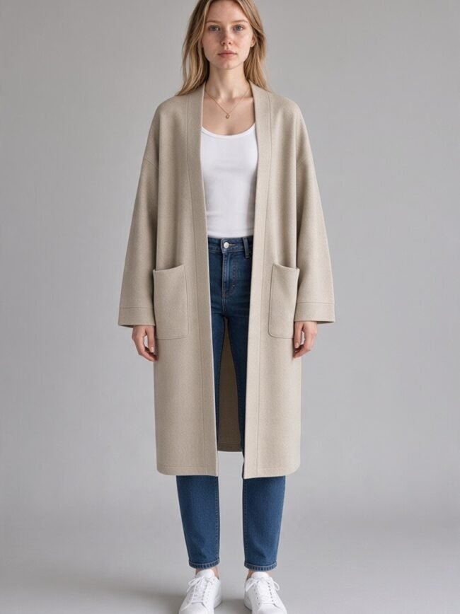 Woman standing in a light beige, open-front coat with two large pockets, white top, blue jeans, and white sneakers.