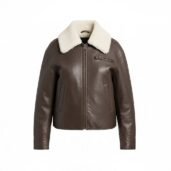 Brown leather bomber/aviator jacket with a cream shearling collar, front zip, and vertical side pockets.