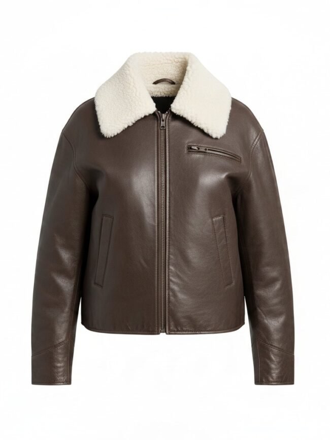 Καφέ Τζάκετ 1 Brown leather bomber/aviator jacket with a cream shearling collar, front zip, and vertical side pockets.