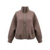 Brown oversized bomber jacket with a silver front zipper and ribbed collar, cuffs, and hem.