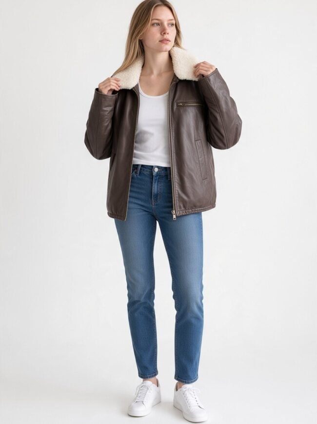 Καφέ Τζάκετ 2 2 Woman wearing a brown shearling‑lined leather jacket, white top, blue jeans, and white sneakers against a light background.