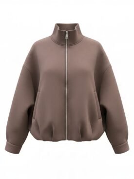 Brown oversized bomber jacket with a silver front zipper and ribbed collar, cuffs, and hem.