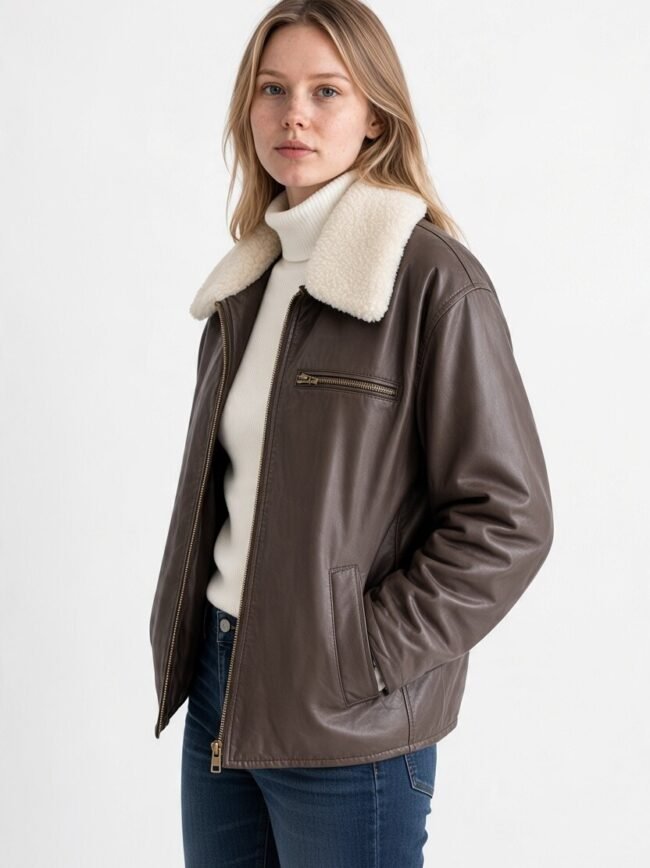 Καφέ Τζάκετ 3 2 Woman wearing a brown leather jacket with a white shearling collar, white turtleneck, and blue jeans.