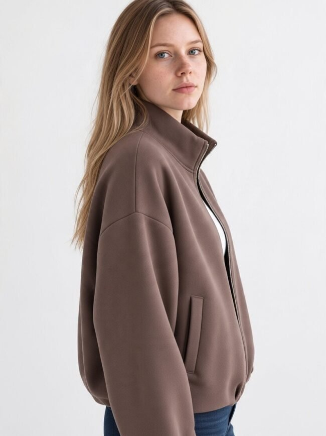 Side profile of a young woman wearing a brown zip-up jacket against a pale background.