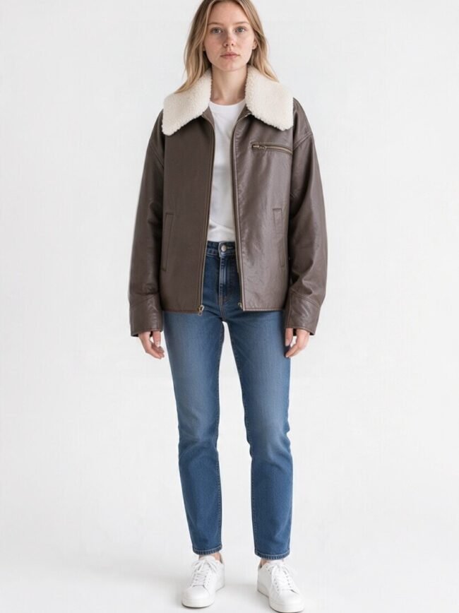 Καφέ Τζάκετ 4 2 Model wearing a brown shearling-collar leather jacket over a white tee and blue jeans, white sneakers, against a white background.