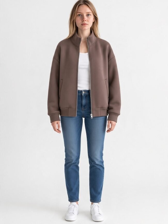Woman wearing a taupe-brown bomber jacket, white top, blue jeans, and white sneakers, standing against a white background.