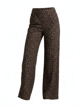 Brown leopard-print wide-leg trousers with a high rise.