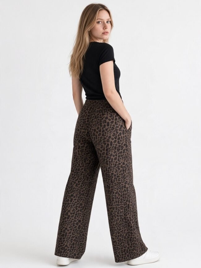 Woman standing in black short-sleeve top and brown leopard-print wide-leg pants, facing slightly away from camera with hands in pockets.