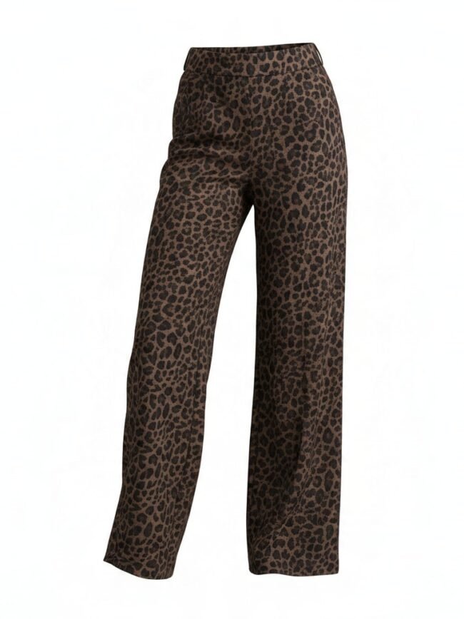 Brown leopard-print wide-leg trousers with a high rise.