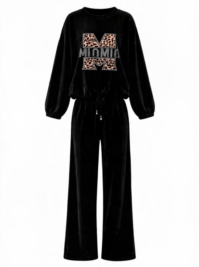 Μαύρο Σετ 1 Black velour two-piece tracksuit (sweatshirt and wide-leg pants) with a leopard-print large 'M' graphic on the front of the top. The top has gathered cuffs and a drawstring at the waist.